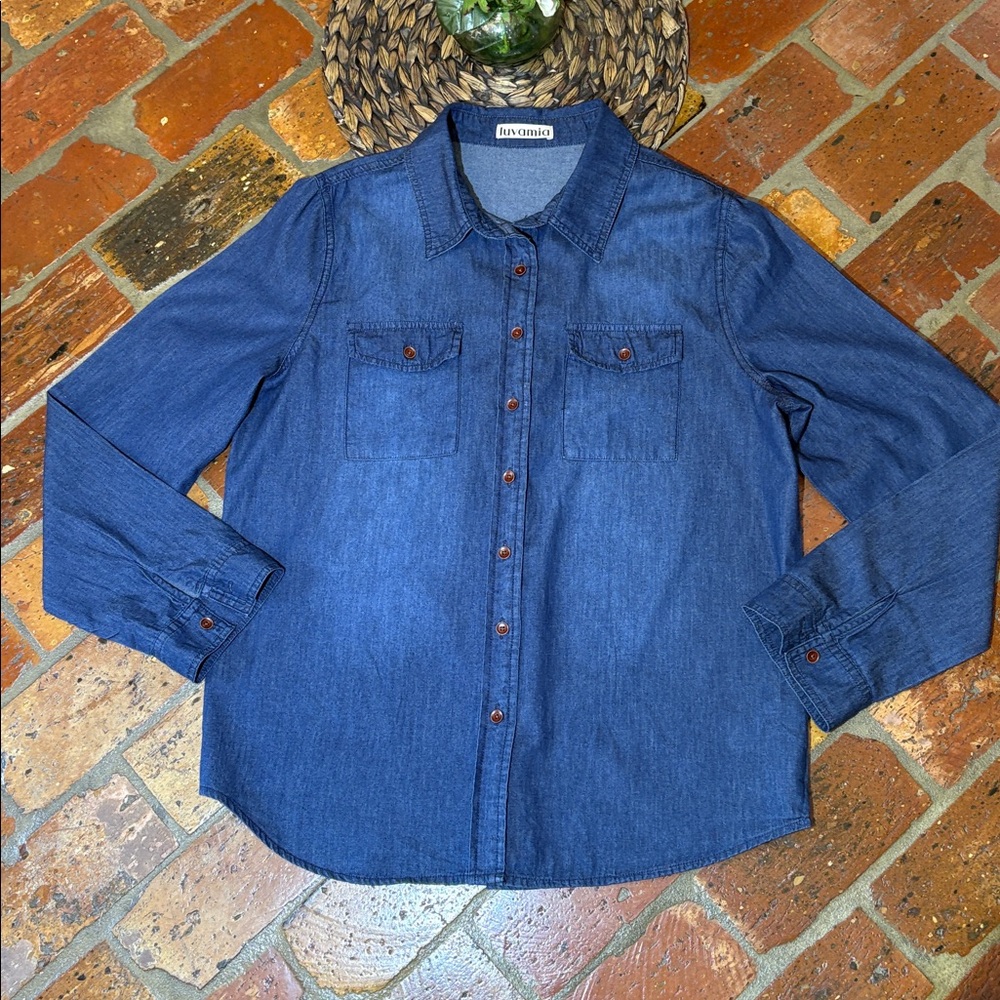 Luvamia Chambray Long Sleeve Button Down Denim Shirt size L - Picture 8 of 16